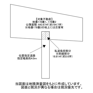 【土地図】 | 洲本市宇山三丁目・売土地 | 当図面は地積測量図をもとに作成しております。図面と現況が異なる場合は現況優先です。また、隣接地との境界立会等により面積および寸法が増減する場合があります。予めご承知おきください。