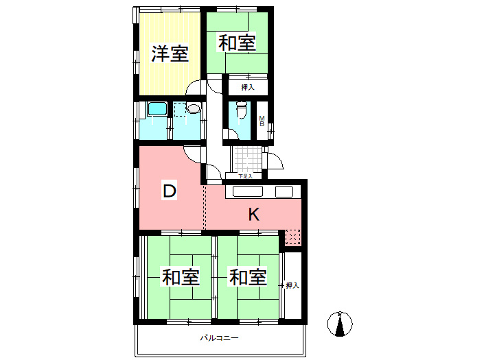 東浦マンションの間取り|南向き、角部屋で陽当たり良好の4DK