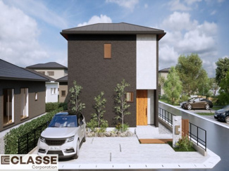 【完成予想図】 | 宇治市木幡南山　売土地　建築条件付き | アトリエスタイルハウス仕様の窓はペアガラス、サッシはアルミ×樹脂複合のハイブリットサッシを採用。ガラスの間には断熱性の高いアルゴンガスを充填しておりますので、より断熱性能が高まる仕様になっております。