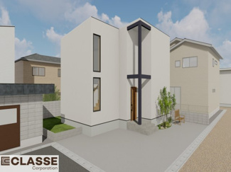 【外観パース】 | 宇治市大久保町山ノ内　売土地　建築条件付き | アトリエスタイルハウス仕様の窓はペアガラス、サッシはアルミ×樹脂複合のハイブリットサッシを採用。ガラスの間には断熱性の高いアルゴンガスを充填しておりますので、より断熱性能が高まる仕様になっております。