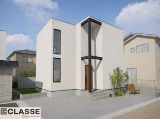 【外観パース】 | 宇治市大久保町山ノ内　売土地　建築条件付き | 参考プランになりますので、お客様のお好みの外観を一緒に作らせていただきます。外壁には、メンテナンスが楽な光セラを採用しており、汚れがつきにくく、色あせもしにくいのでおススメです！