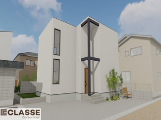 【外観パース】 | 宇治市大久保町山ノ内　売土地　建築条件付き | 参考プランになりますので、お客様のお好みの外観を一緒に作らせていただきます。外壁には、メンテナンスが楽な光セラを採用しており、汚れがつきにくく、色あせもしにくいのでおススメです！