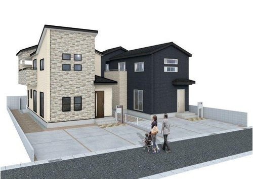 ブルーミングガーデン　倉敷市八王寺町【仲介手数料無料】の外観パース|左側2号棟