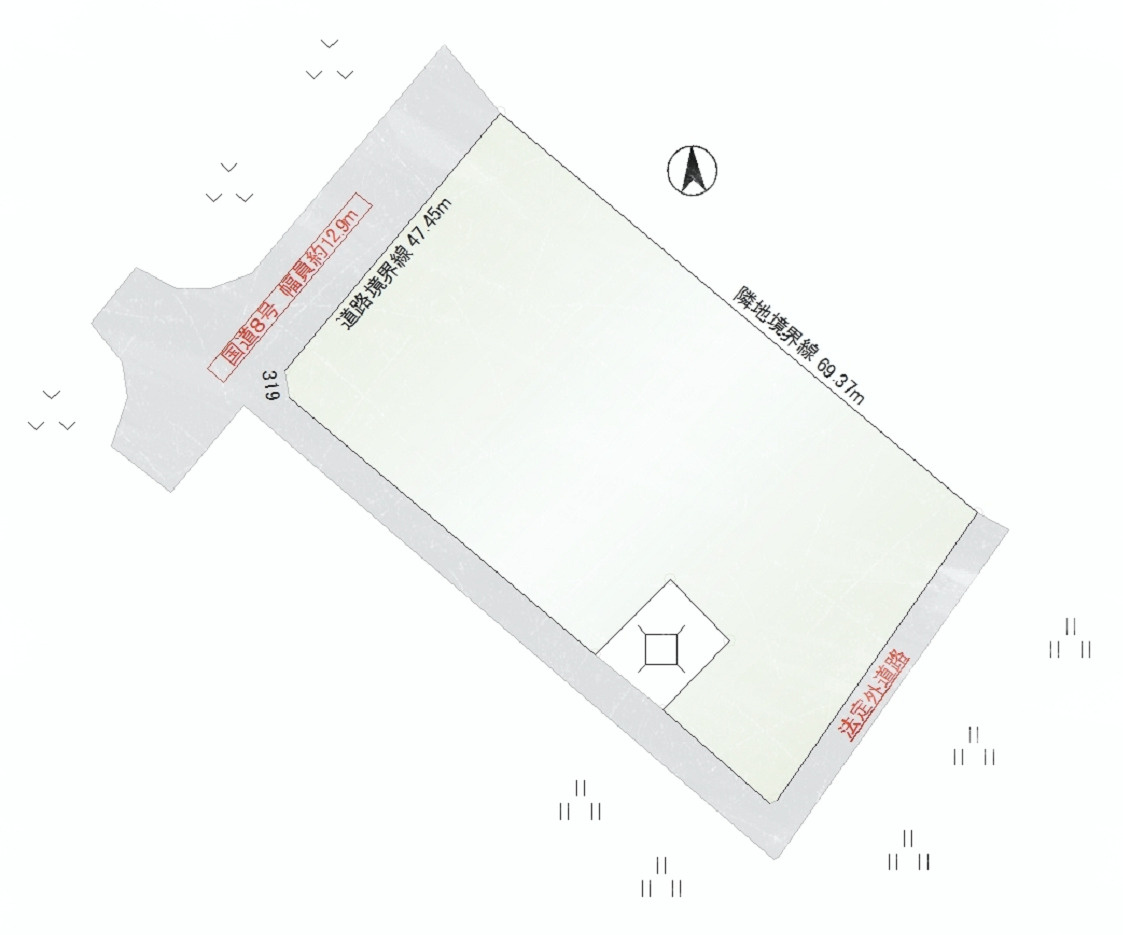 滋賀県彦根市南川瀬町　売土地の土地図|間口約47ｍ　奥行約69ｍ　北西道路（国道８号線）