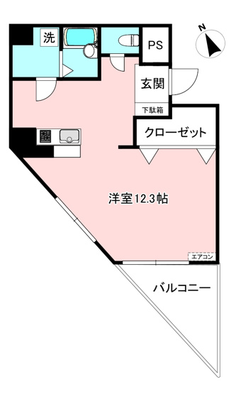 【間取り】 | レオドール登戸 | 洋室12.3帖のワンルームタイプ！ちょっと広めのお部屋をお探しの単身者さんにオススメ☆なんと言っても角部屋・最上階・二面採光なのが嬉しい♪