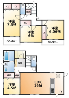 【間取り】 | ハートフルタウン宇都宮市戸祭2丁目1期　1号棟 | 全室南向きで陽当たりの良い間取りです