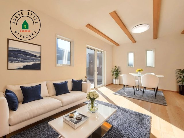 第4下田島平松モデル(5号棟)の居間・リビング|明るく開放的なリビングダイニングは豊かな陽光が注ぎ込み、やすらぎの空間を演出してくれます。ご家族で楽しいひとときをお過ごし下さい。※家具はCGを合成したものです。