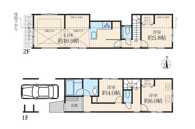 【間取り】 | 中野区上高田５丁目　新築戸建C号棟 | 新井薬師駅まで徒歩６分の利便性♪１６．９帖のＬＤＫ♪♪
１階には明るい室内環境を作るトップライトを設置♪