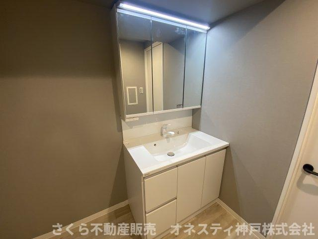 ネクステージ西神中央 D棟の独立洗面台|三面鏡付洗面化粧台・シャワー付き洗面台です。