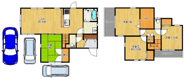 南野田　中古一戸建の間取り|カースペースは、車種によっては普通車1台+軽2台可能です♪