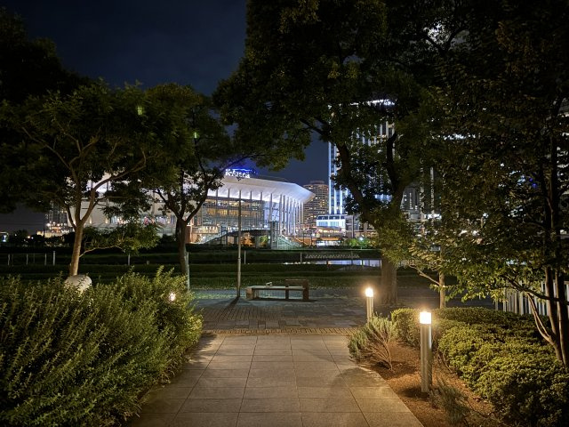 公園側のエントランスからライトアップされたみなとみらいを望めます。