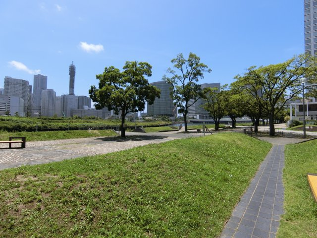 敷地の南側はポートサイド公園に面しており、さらにその向こうには帷子川とみなとみらいがあります。