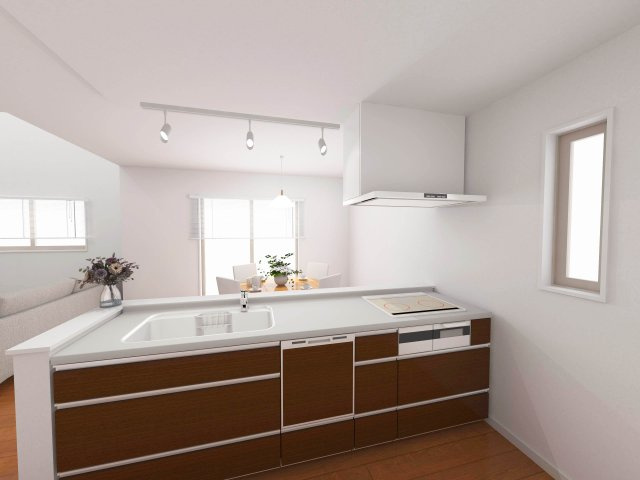 奈良市北登美ヶ丘６丁目の新築一戸建 全９区画のキッチン|７号地キッチン完成イメージ／人気の対面キッチン♪食器洗い乾燥機＆浄水器を標準装備！