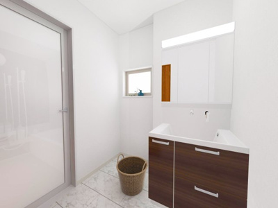 【洗面所】 | 奈良市北登美ヶ丘６丁目の新築一戸建 全９区画 | ７号地洗面完成イメージ／シャワー付き洗面化粧台