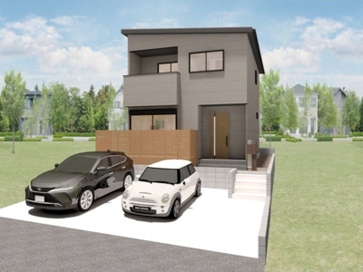 【外観パース】 | 【NEXT‐STEP HOME】◆建築条件なし◆春日市惣利◆日当たりと風通しのよい土地◆ | ◆建物プラン例（1号地）建物面積96.46㎡◆駐車スペース2台あります