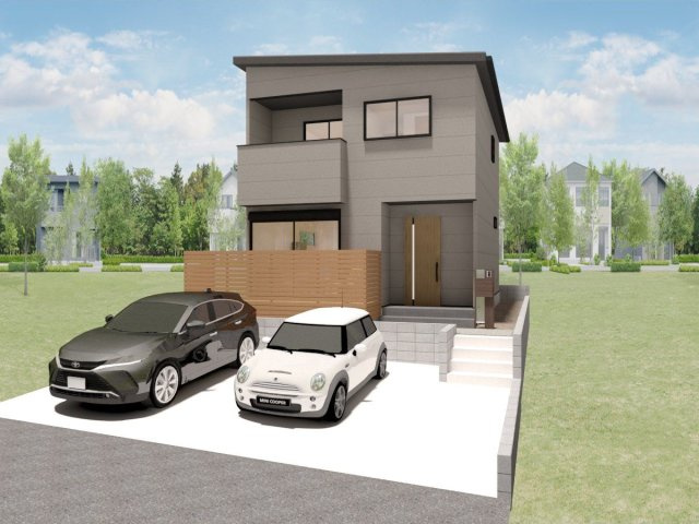 【外観パース】 | 【NEXT‐STEP HOME】◆ネクスタウン惣利◆春日市惣利５丁目に分譲地登場！ | ◆建物プラン例（1号地）建物価格2280万円、建物面積96.46㎡◆駐車スペース2台あります
