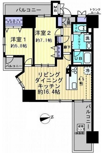 アルファライフ平和大通りの間取り|玄関-洋室2-リビングと回遊動線のある間取り。視覚的にもプラスの空間がうまれる3面バルコニーです！