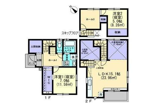 府中町青崎東　一戸建ての間取り|外からの視線を遮る2階リビング。採光と床面積を確保したスキップフロアの2階建てです。