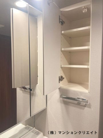 デュオヒルズ福井駅前の独立洗面台|右手タオル掛けの上には収納スペースがあります