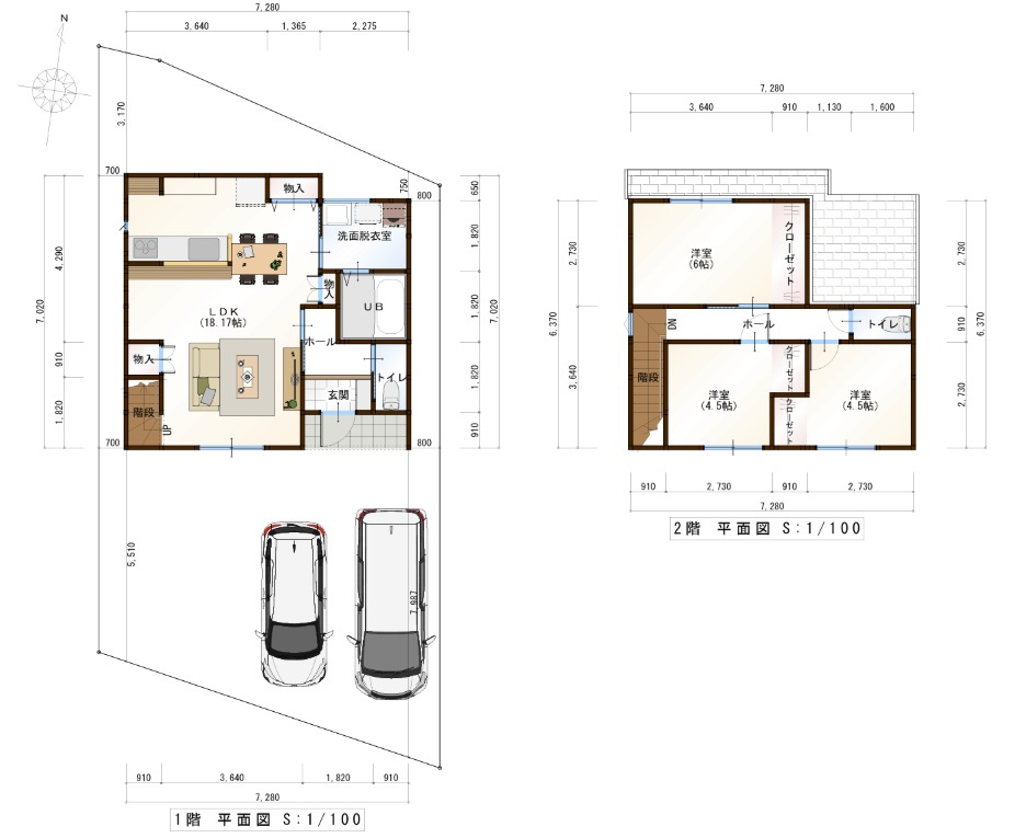 福井町　建築条件付き　売土地　Ｅ号地（全１7区画）　の参考プラン|E号地　建物プラン例　建物価格　￥21,401,000‐　建物面積　86.06㎡（約26.02坪）