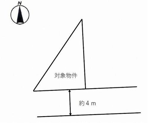 中須賀二丁目土地の土地図|本物件は三角地となっております。住宅地や駐車場用地としてご利用いただけます。