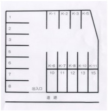 山口駐車場の間取り|配置図です。
K１ｰk11までが軽自動車の区画です。