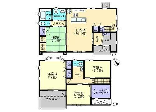 霧島市霧島田口字戸崎戸建ての間取り|霧島市霧島田口所在の2階建てです。広々としたウォークインクローゼットが2階にあります。