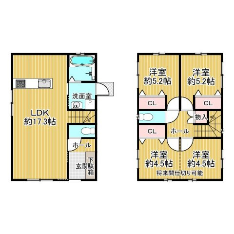 【間取り】 | 交野市私市山手1丁目　未入居物件 | 間取りになります。
現状、2Fの4.5帖の二部屋が繋がっておりますが
真ん中に間仕切壁を造り、二部屋にすることが可能です。