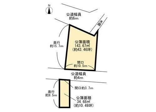 秦南町一丁目　土地の土地図|約４３坪と飛び地に約１０坪。併せて約５３坪の土地です。
