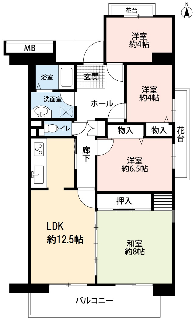 アクシス光ヶ丘３号棟の間取り|ゆとりの４LDK・南面のLDK１２.５帖＋和室８帖の続き間で広々空間。