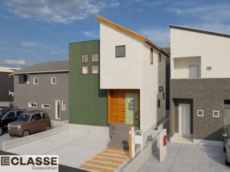 【外観パース】 | 城陽市寺田宮ノ谷　売土地　建築条件付き | 参考プランになりますので、お客様のお好みの外観を一緒に作らせていただきます。外壁には、メンテナンスが楽な光セラを採用しており、汚れがつきにくく、色あせもしにくいのでおススメです！