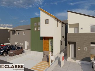 【外観パース】 | 城陽市寺田宮ノ谷　売土地　建築条件付き | 参考プランになりますので、お客様のお好みの外観を一緒に作らせていただきます。外壁には、メンテナンスが楽な光セラを採用しており、汚れがつきにくく、色あせもしにくいのでおススメです！