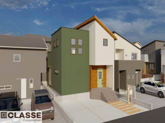 【外観パース】 | 城陽市寺田宮ノ谷　売土地　建築条件付き | 弊社は、気密測定器を保有しており、自社での気密測定を実現しております。気密処理をし、気密測定まで標準でさせていただいております。