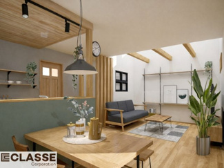 【外観パース】 | 城陽市寺田宮ノ谷　売土地　建築条件付き | 標準仕様（アトリエスタイルハウス仕様）で断熱材は気密性、断熱性能も高い、吹付断熱を採用。屋根断熱を実現していますので、お家全体が冬はあったかく、夏は涼しいお家づくりが可能です