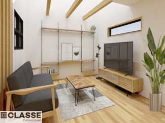 【外観パース】 | 城陽市寺田宮ノ谷　売土地　建築条件付き | 標準仕様（アトリエスタイルハウス仕様）で断熱材は気密性、断熱性能も高い、吹付断熱を採用。屋根断熱を実現していますので、お家全体が冬はあったかく、夏は涼しいお家づくりが可能です