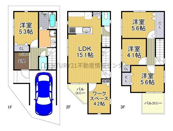 【その他】 | 北村２丁目　建築条件付き宅地 | ＜建物参考プラン例＞
価格２０００万円（税込）、建物延床面積１２１．１１平米、４ＬＤＫ、木造３階建