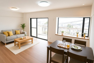 【居間・リビング】 | 【上質リノベ】井口台パークヒルズ壱番館 | 【約16.9帖LDK】
リビングに入った瞬間に外が見えるので、
遊びにきた人は、歓声をあげるかもしれません。
また、夜帰宅した際に電気をつける前は夜景が楽しみに
なるかもしれません。
