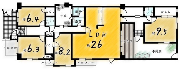 サンシティ桂坂ロイヤル壱番館|【リビングは２６帖の大空間！】
専用庭・中庭付。専有面積１４２.２７㎡（４３坪）の広々４ＬＤＫ！
