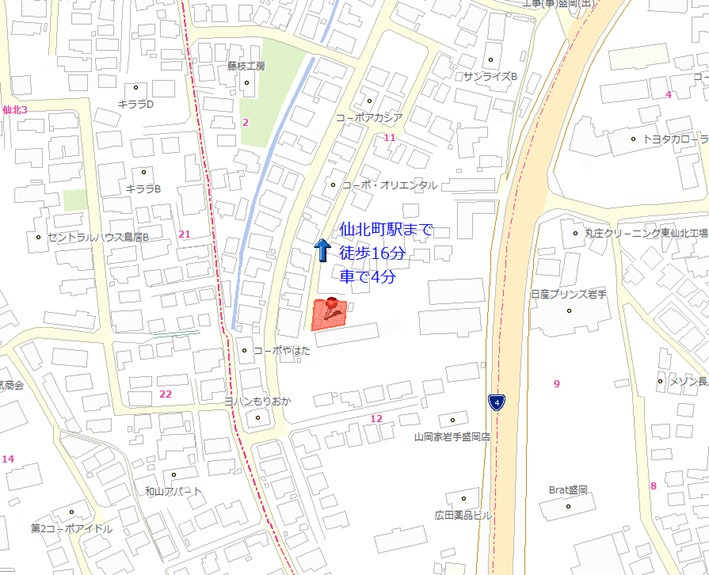 74坪超、東仙北売地の地図|仙北町駅まで徒歩１６分（車で４分）。仙北中学校前バス停まで徒歩７分の好立地！