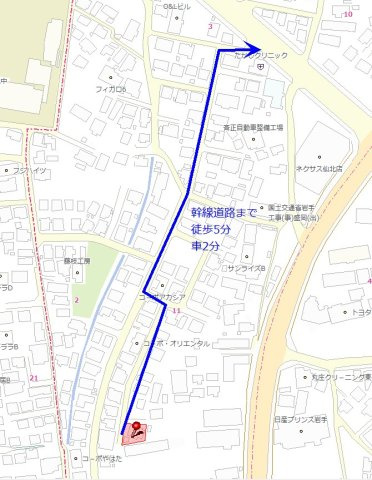 74坪超、東仙北売地の地図|幹線道路まで徒歩5分、車で2分！
