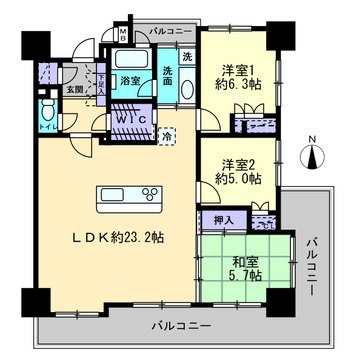 コアマンション橘公園リバーステージの間取り|南向きバルコニーに面した約23.2畳の広々LDKが魅力です！