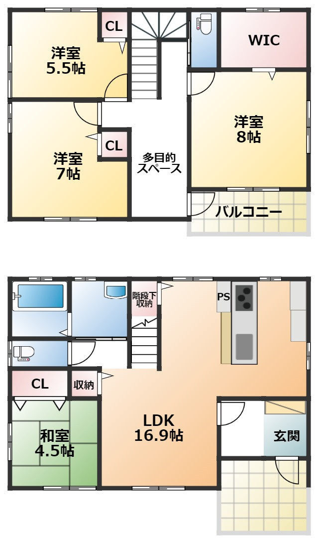 宇都宮市宝木本町　中古戸建の間取り|南向きの間取りです。