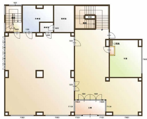 旭町　店舗・事務所用　RC造　2階建ての間取り|1F間取り　エントランス・大部屋・和室