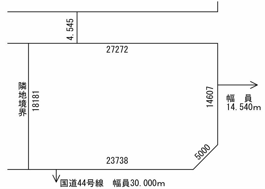 旭町　店舗・事務所用　RC造　2階建ての区画図|敷地と道路　三方道路の角地
