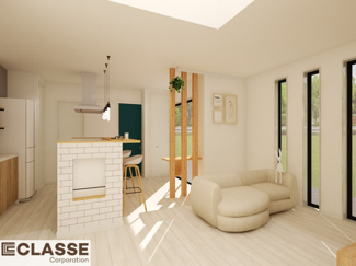 【完成予想図】 | 宇治市木幡御蔵山　2区画　D号地　売土地　建築条件付き | 標準仕様（アトリエスタイルハウス仕様）で断熱材は気密性、断熱性能も高い、吹付断熱を採用。屋根断熱を実現していますので、お家全体が冬はあったかく、夏は涼しいお家づくりが可能です。