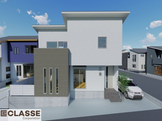 【外観パース】 | 宇治市木幡御蔵山　2区画　D号地　売土地　建築条件付き | 参考プランになりますので、お客様のお好みの外観を一緒に作らせていただきます。外壁には、メンテナンスが楽な光セラを採用しており、汚れがつきにくく、色あせもしにくいのでおススメです！