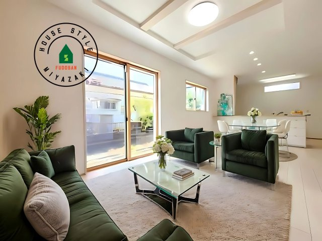 宮崎市第3恒久宮ノ後モデル（１号棟）の居間・リビング|明るく開放的なリビングダイニングは豊かな陽光が注ぎ込み、やすらぎの空間を演出してくれます。ご家族で楽しいひとときをお過ごし下さい。※家具はCGを合成したものです。