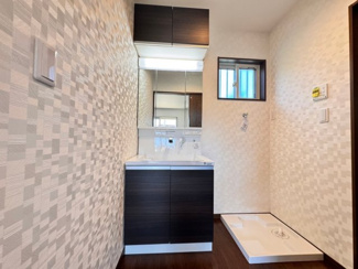 【玄関】 | 【シャワー付き洗面台】身だしなみを整えるのに重宝するシャワー付きの洗面台です♪脱衣所にも扉付きの物入れが備わっているのは嬉しいポイントです。