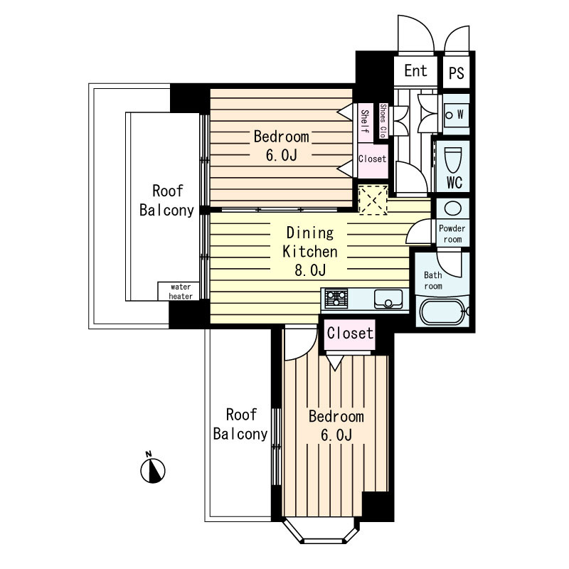 サカエ池袋マンションの間取り|2ルーフバルコニー・出窓有り