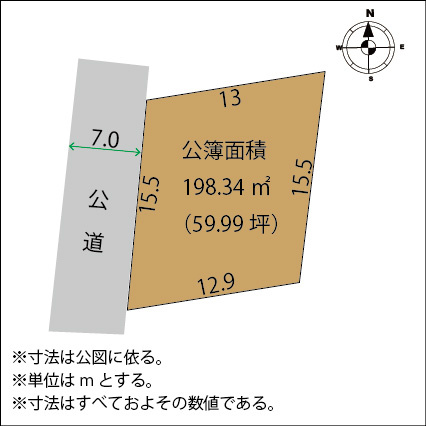 足利市島田町の売地の土地図|戸建てにちょうど良い広さで、駐車場2台＋庭付きプランなども検討しやすい面積です。